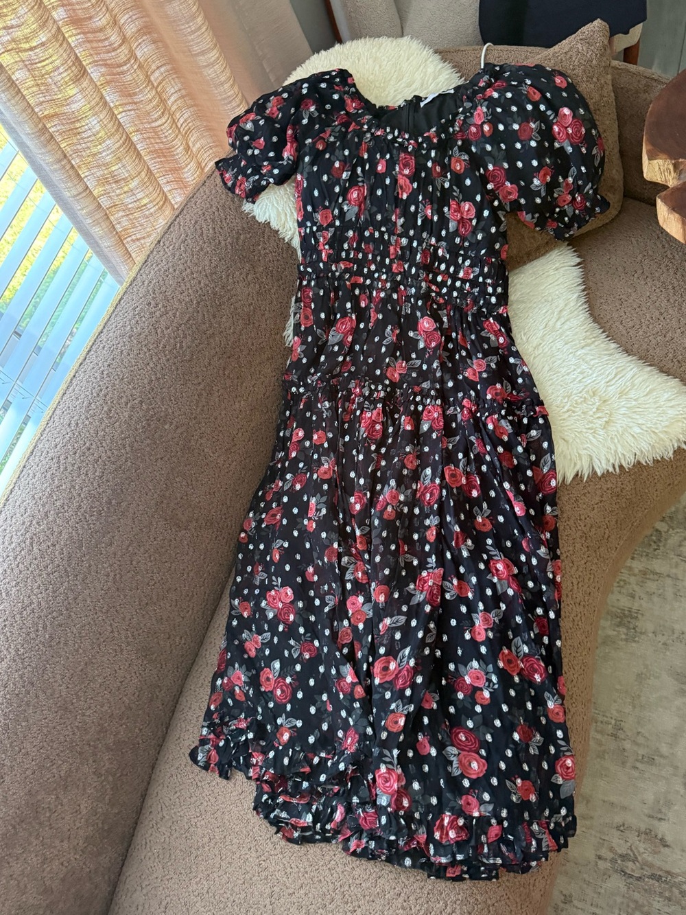 Ivy City Co Black Elena Dress with Ruffled Hem and Silver Dots